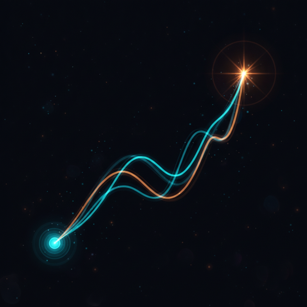 Illustrated glowing forex chart line with entry and exit point markers representing a trade lifecycle