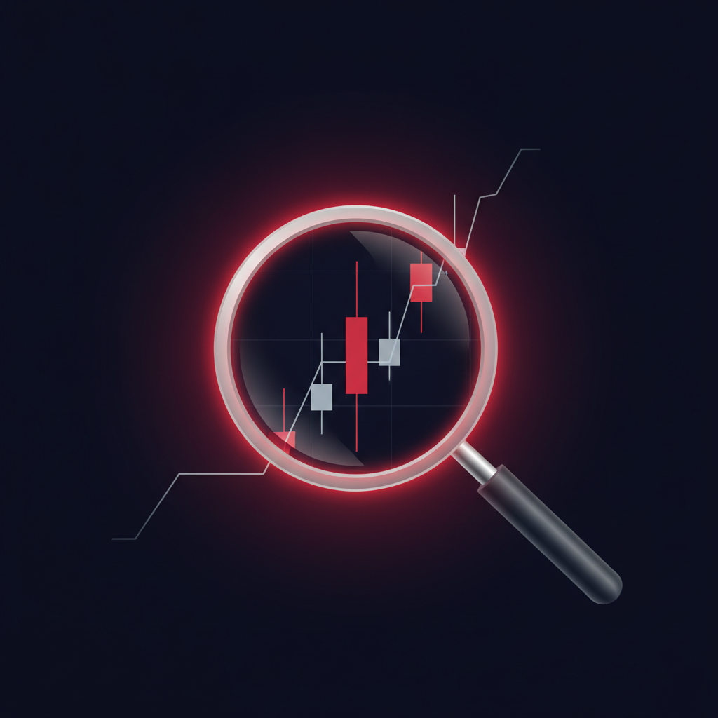 Glowing magnifying glass over a forex price chart in navy and red tones