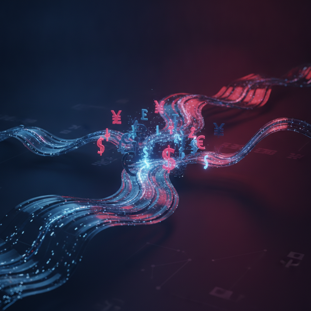 Glowing liquid flowing and merging with currency symbols