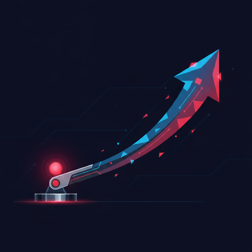 Glowing lever mechanism amplifying force in navy and red tones