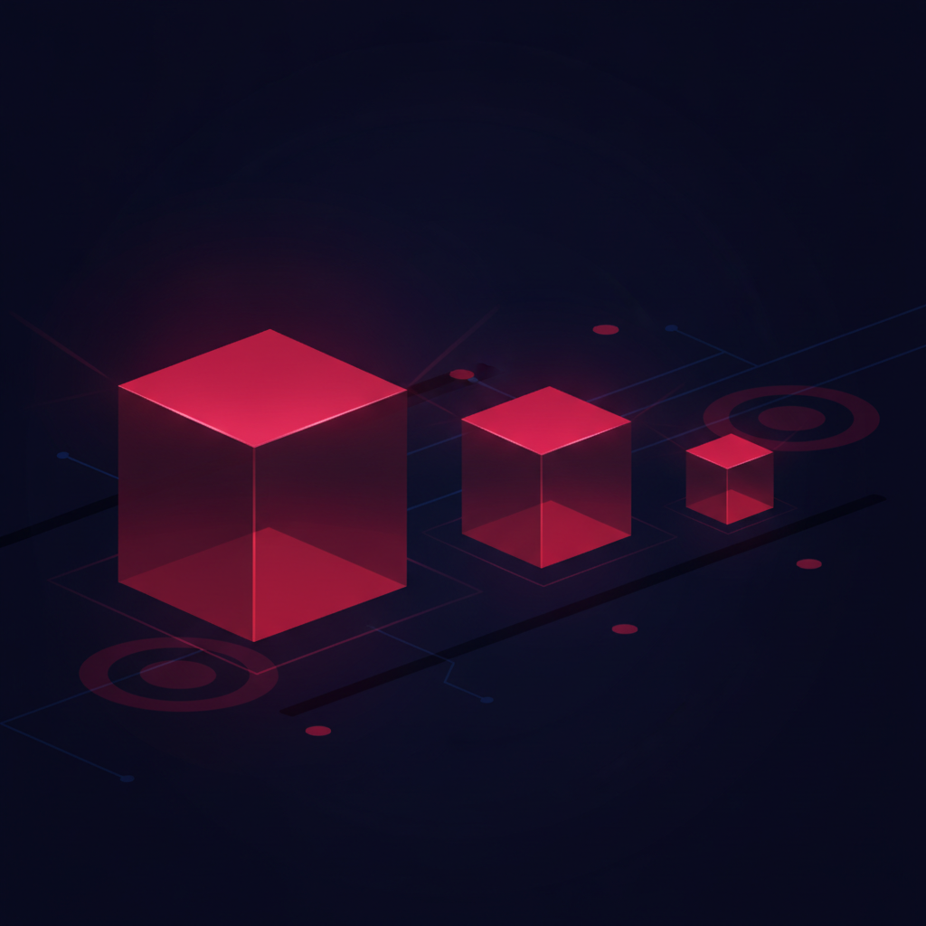 Glowing stacked measurement blocks representing different lot sizes in navy and red tones