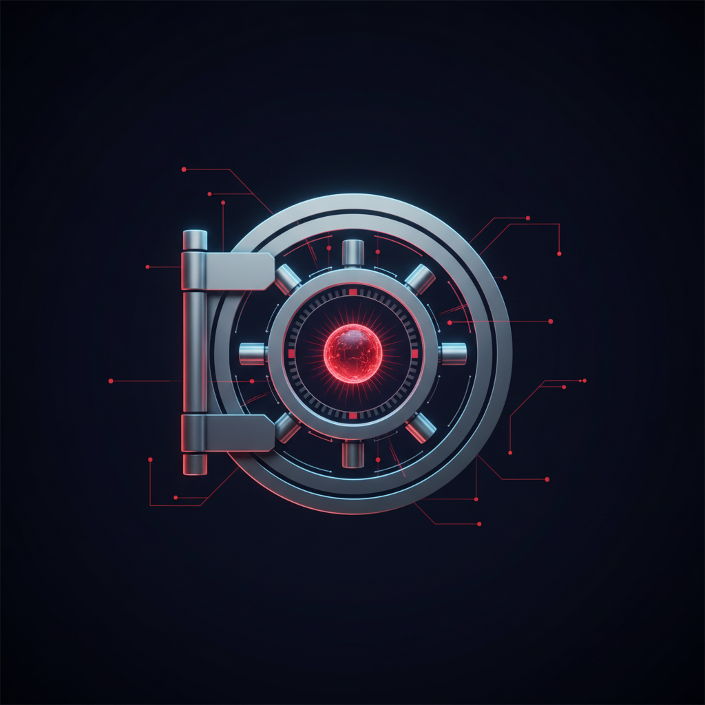 Glowing vault holding collateral capital in navy and red tones