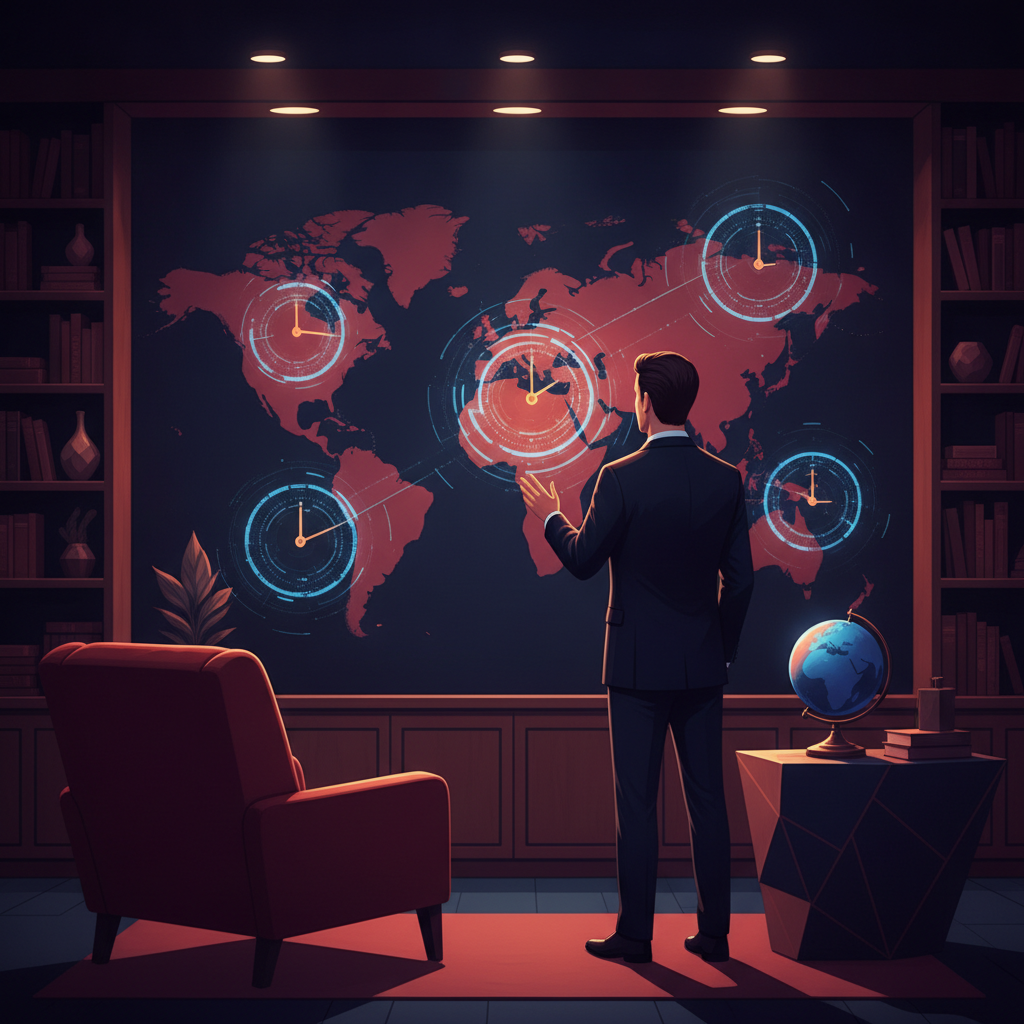 Person viewing a world map with time zone clocks