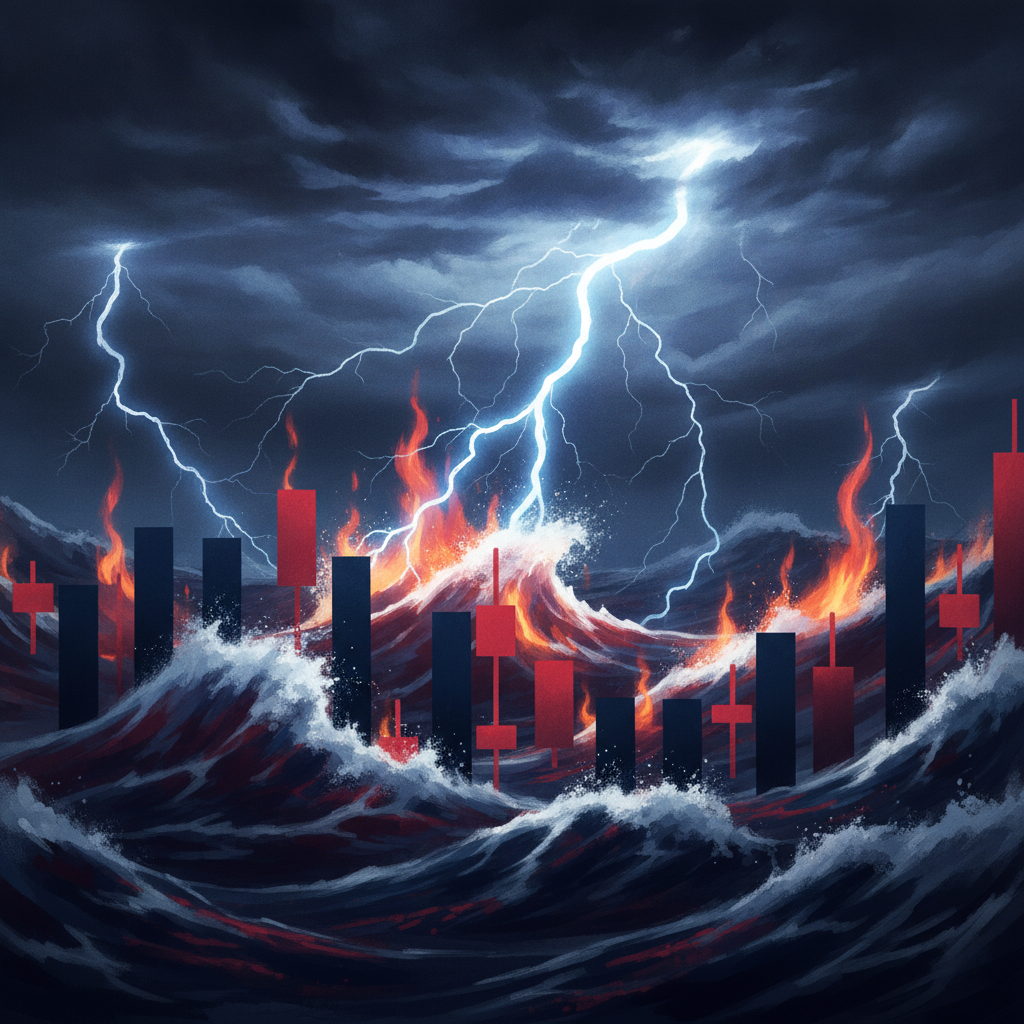 Stormy turbulent waves over a candlestick chart representing volatility