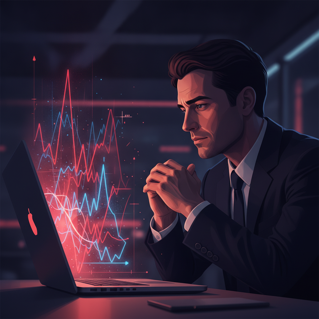 Calm person watching a turbulent volatile chart display