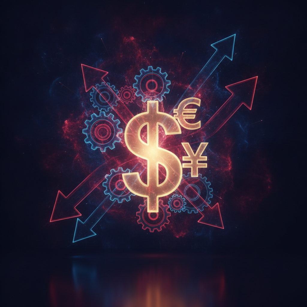Abstract forces and gears pushing on a currency symbol
