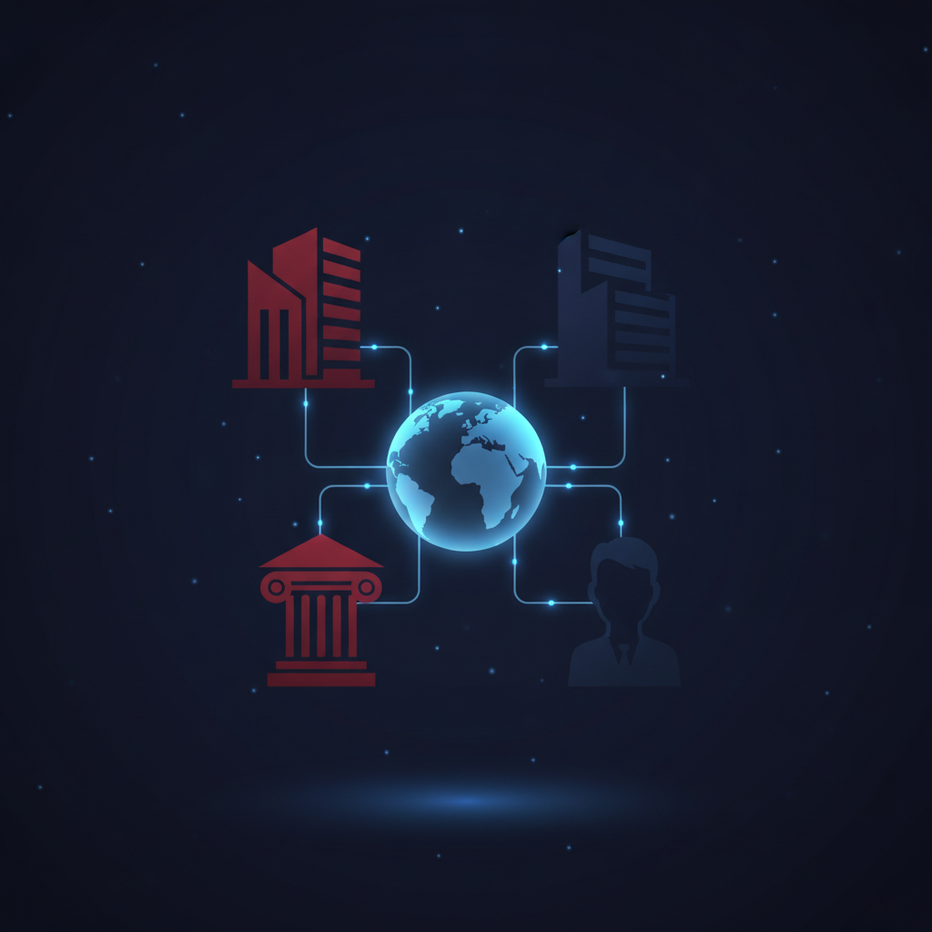 Icons representing banks, corporations, central banks and individuals connected to a global network