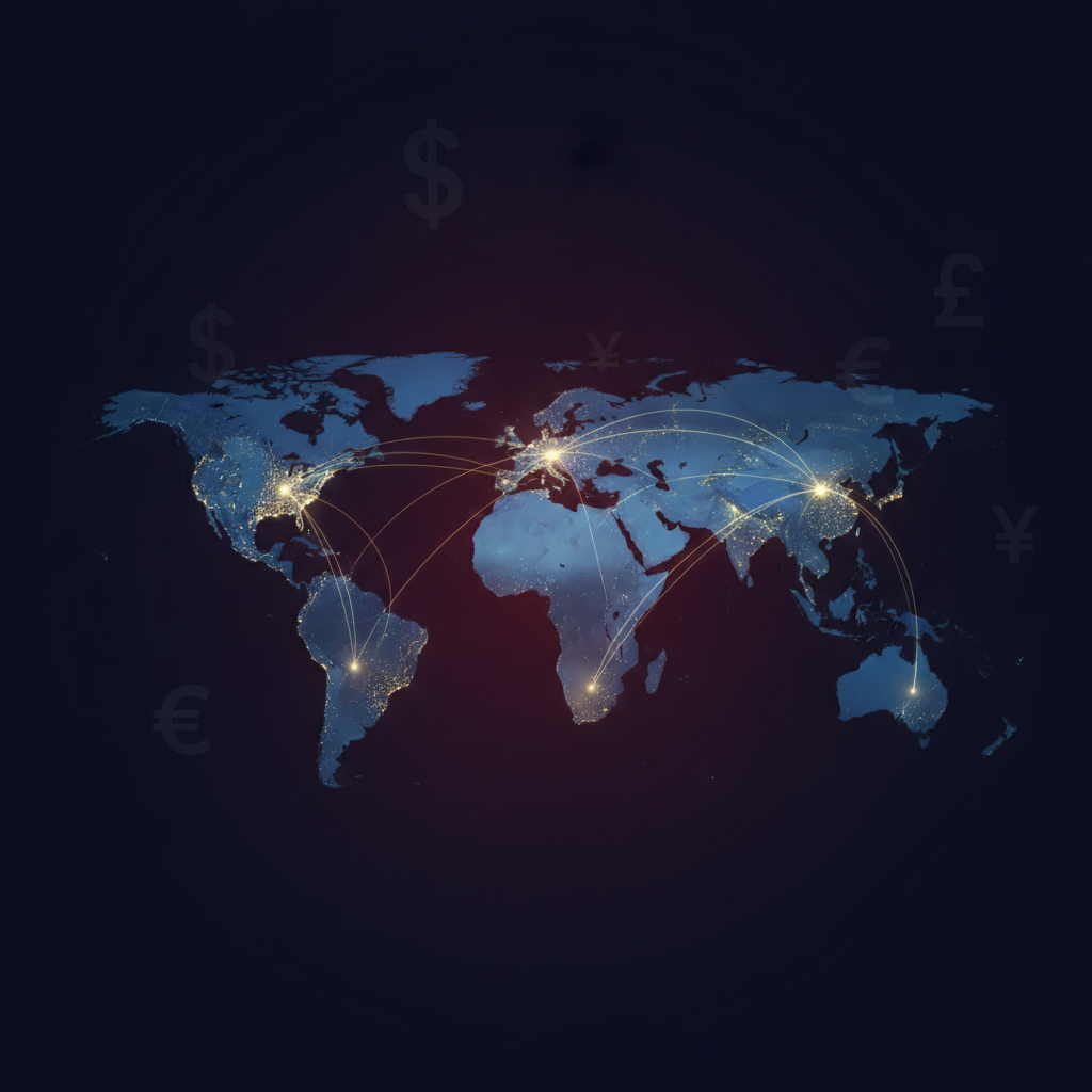 World map at night with glowing currency symbols representing global forex trading