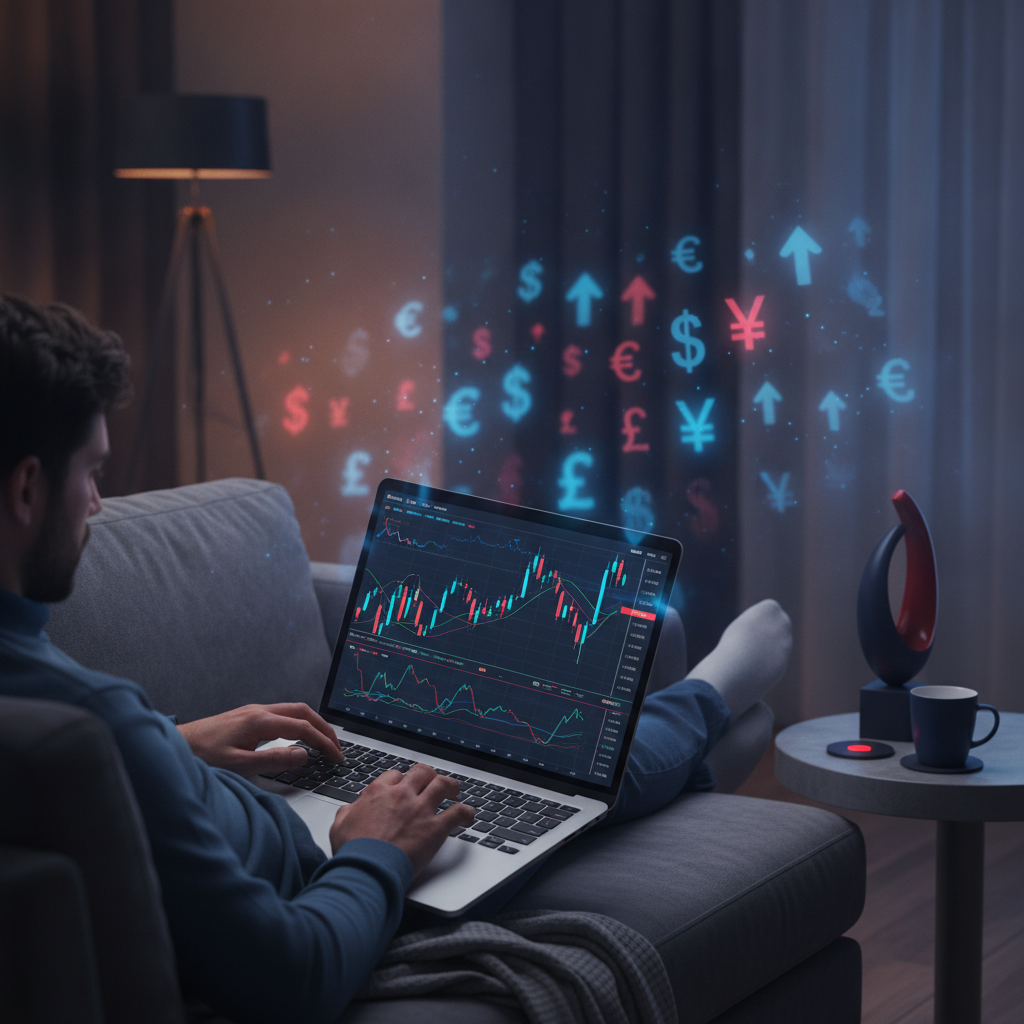 Trader analyzing forex charts and currency trends on a laptop at home