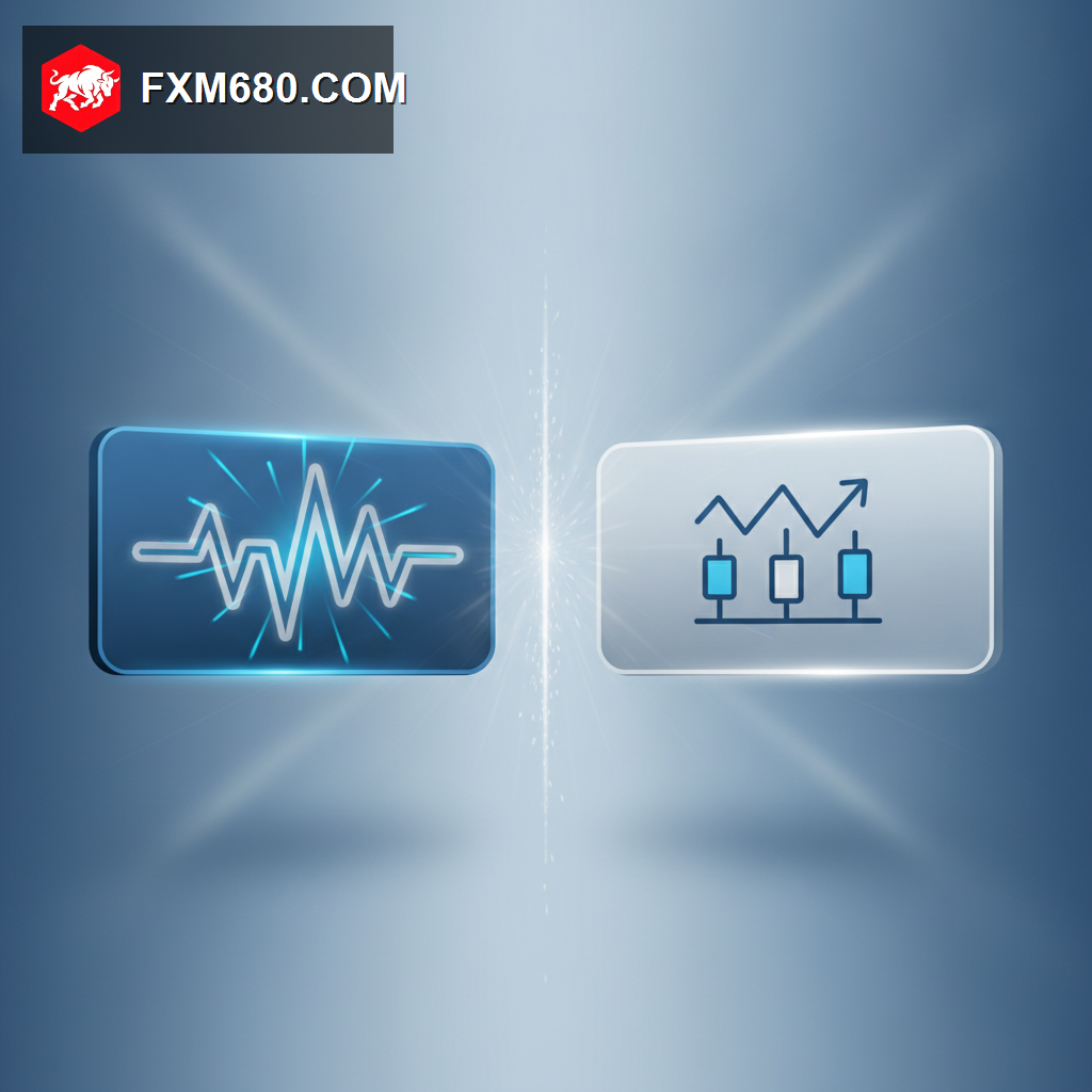 Two account cards side by side being compared, one showing a synthetic volatility icon and the other showing a traditional forex chart icon