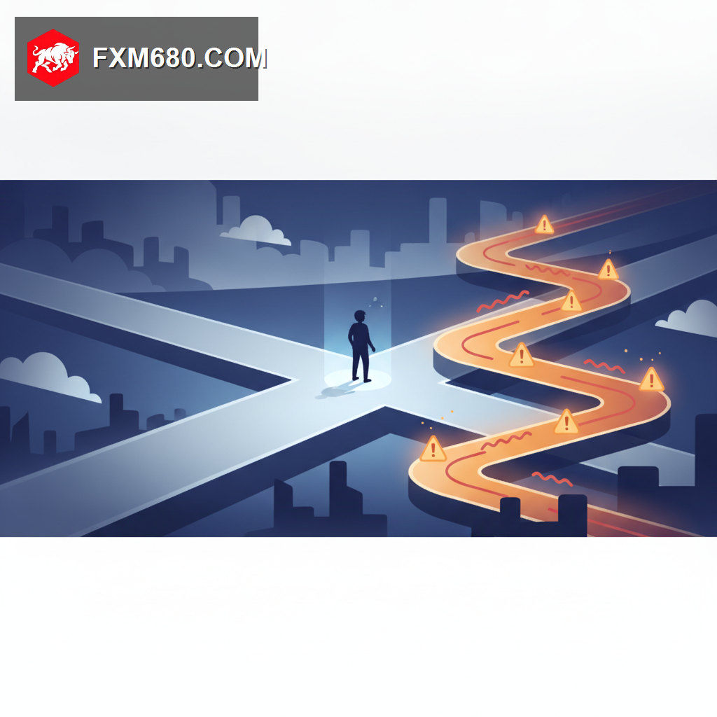 A beginner trader standing at a fork in the road between an easy simple path and a more complex winding path, representing the decision of whether a broker suits beginners