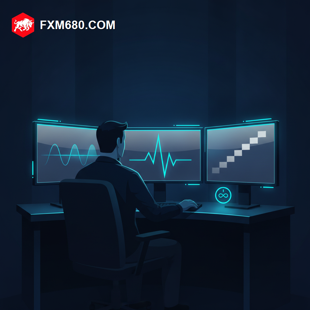 Trader analyzing pulsing synthetic volatility index waveforms on multiple screens at night