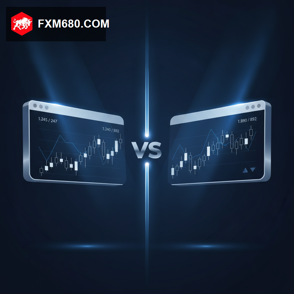 Two trading platform interfaces side by side displaying different spread and pricing figures, representing a broker cost comparison