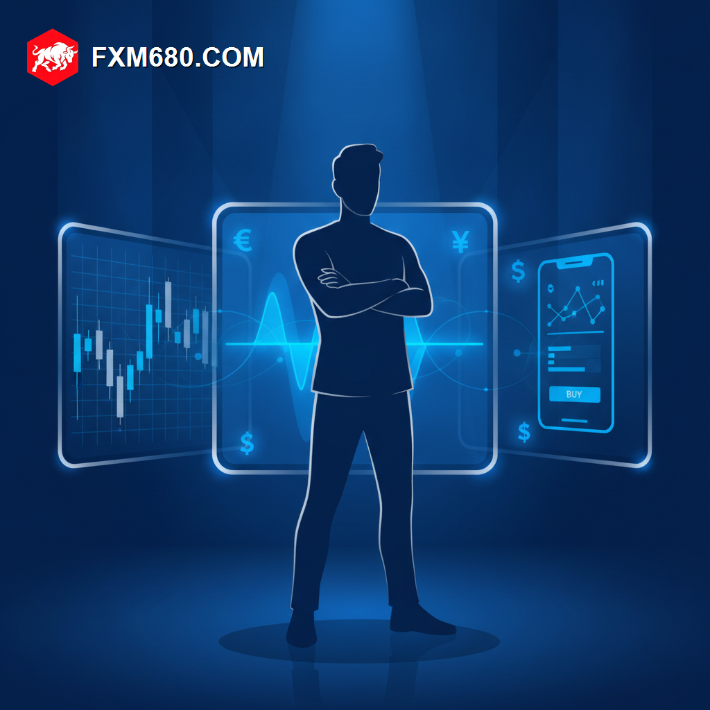 Trader standing before three holographic screens representing forex charts, synthetic index volatility, and mobile trading on Deriv