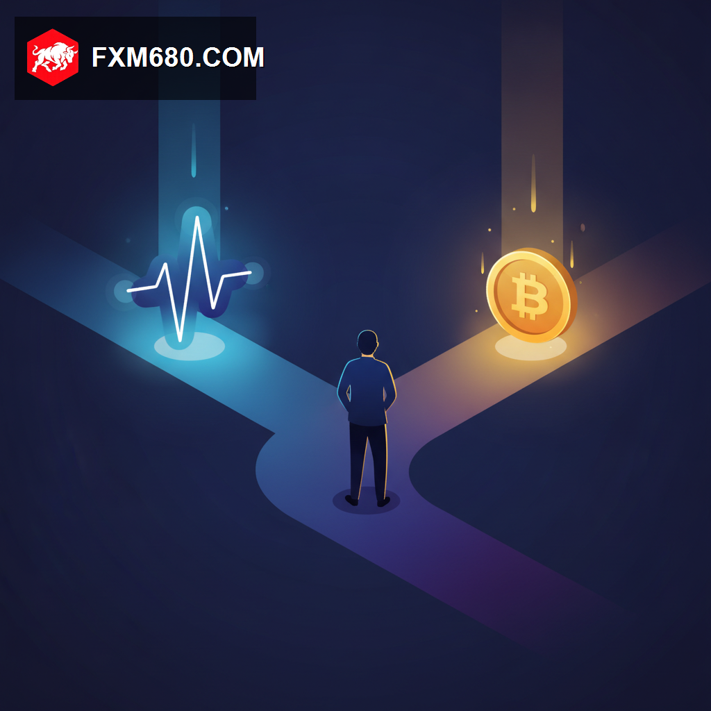 A trading path splitting into two directions, one toward an abstract volatility index and the other toward cryptocurrency coin symbols, representing a choice between two broker specializations