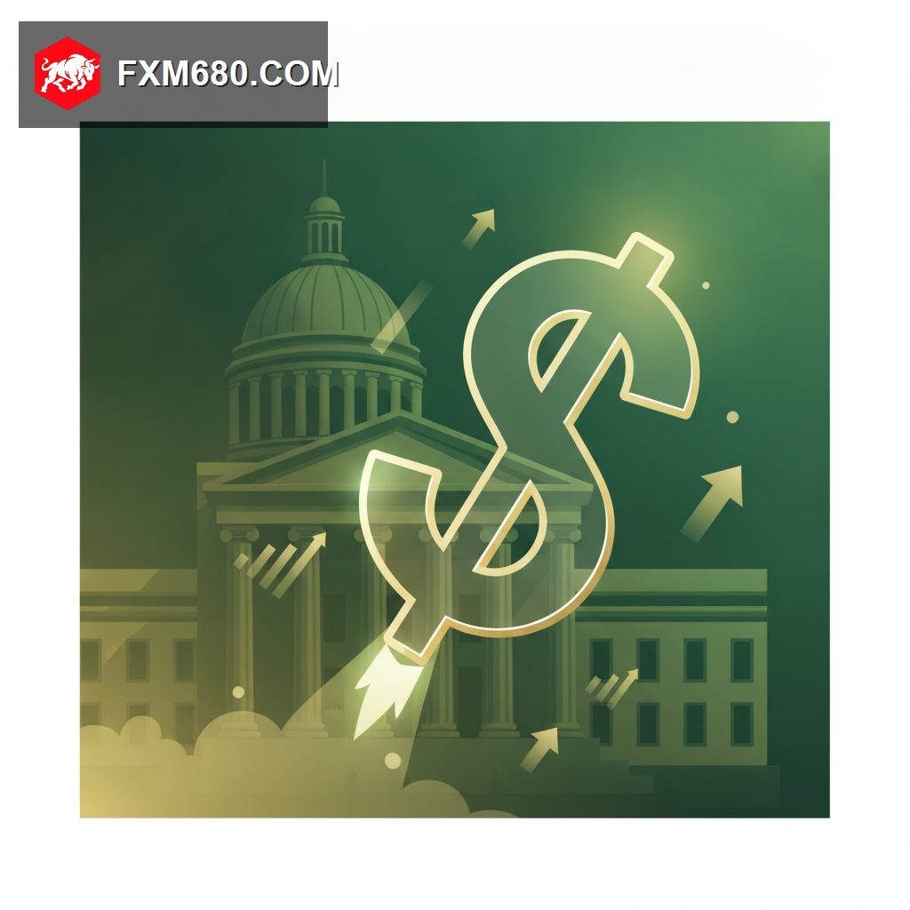 Glowing US dollar symbol rising against a backdrop of a Federal Reserve building silhouette and interest rate chart