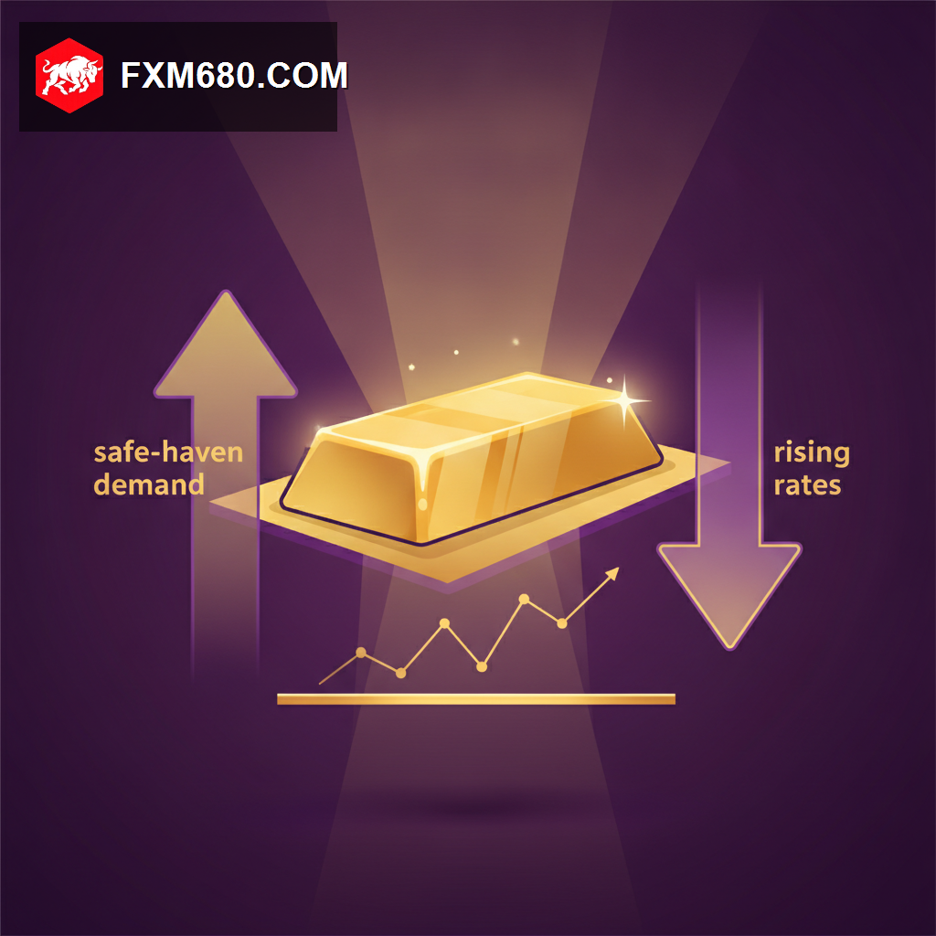 Glowing gold bar with a fluctuating price chart line bouncing off a support level, representing gold price consolidation