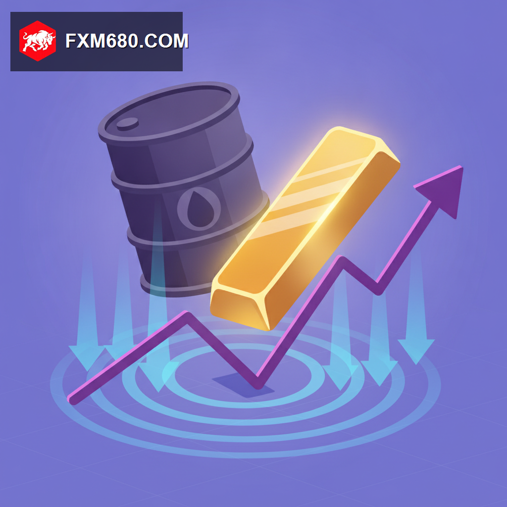 A glowing gold bar rising from a dip on a price chart, with a small falling oil barrel icon nearby easing pressure