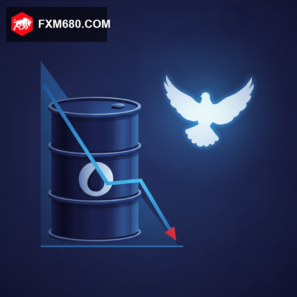 An oil barrel icon with a falling price chart line beside a dove of peace silhouette, representing crude prices dropping on diplomatic de-escalation hopes