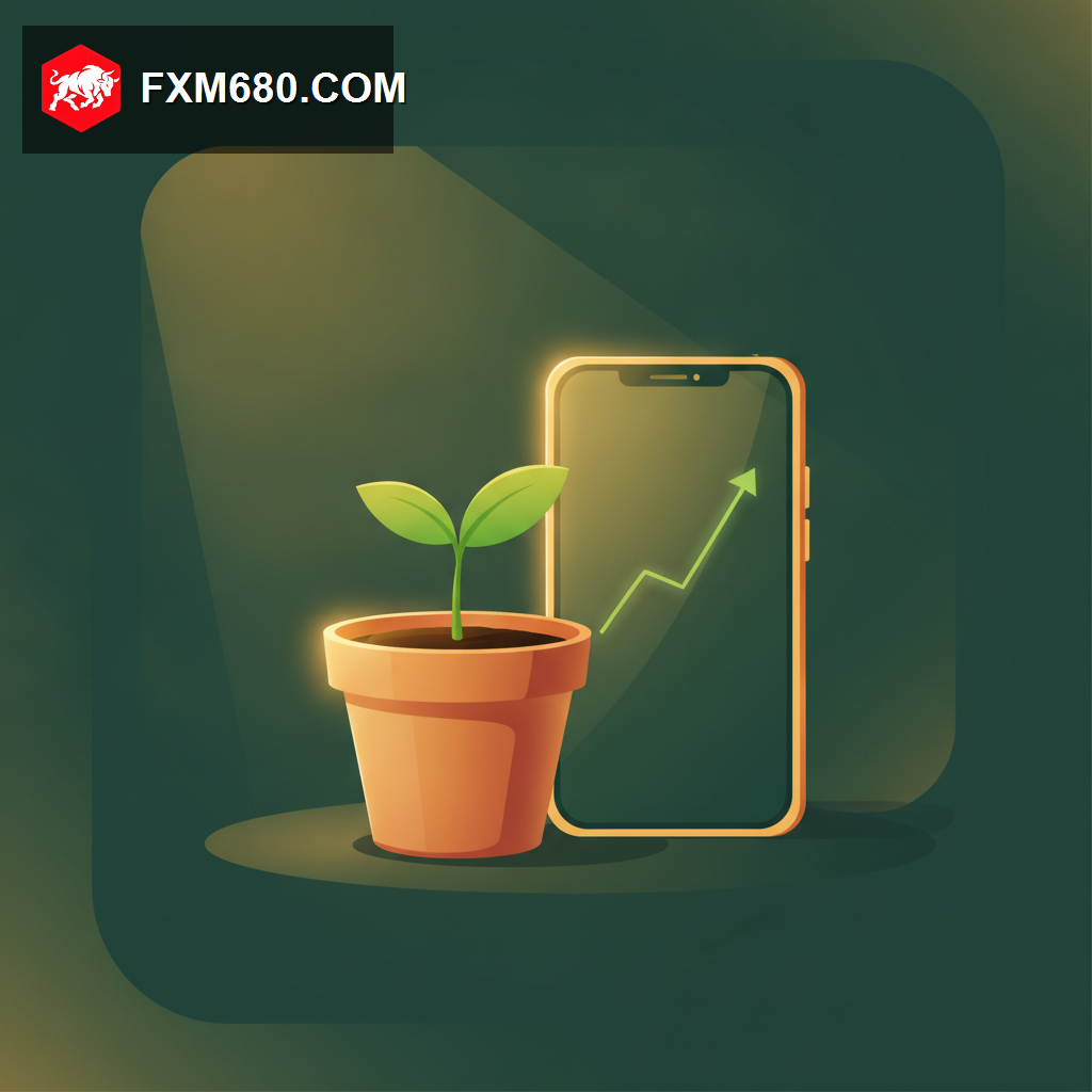 Small seedling growing next to a phone showing a modest trading balance, representing starting small on a trading account