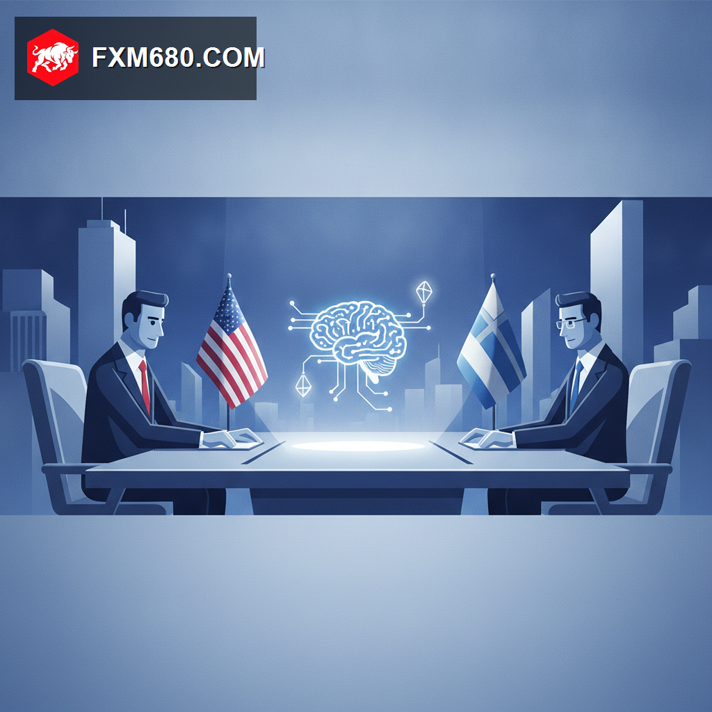 Two national flags meeting at a negotiating table with a glowing AI circuit symbol and a rare earth mineral icon between them, representing a high-stakes trade and technology summit