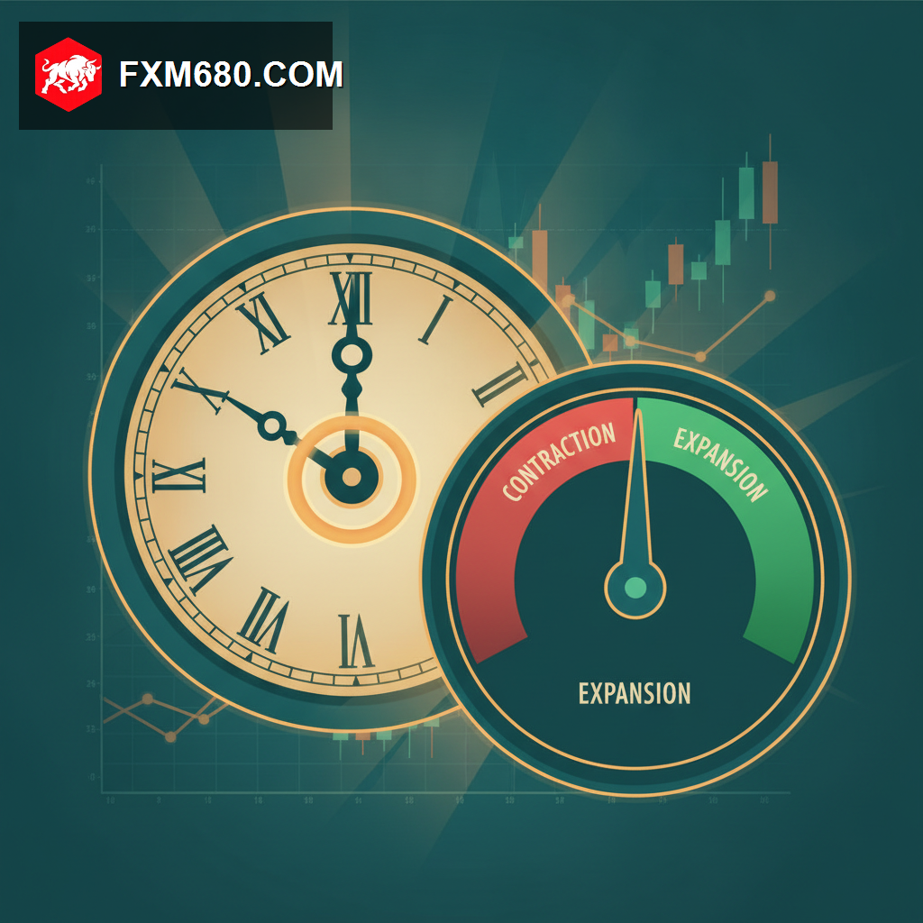 A clock approaching a release time beside a dashboard gauge needle hovering between expansion and contraction, representing an upcoming economic data release