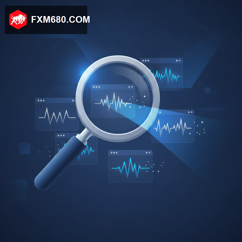 Magnifying glass examining a synthetic volatility index chart among several trading platform options, representing broker comparison