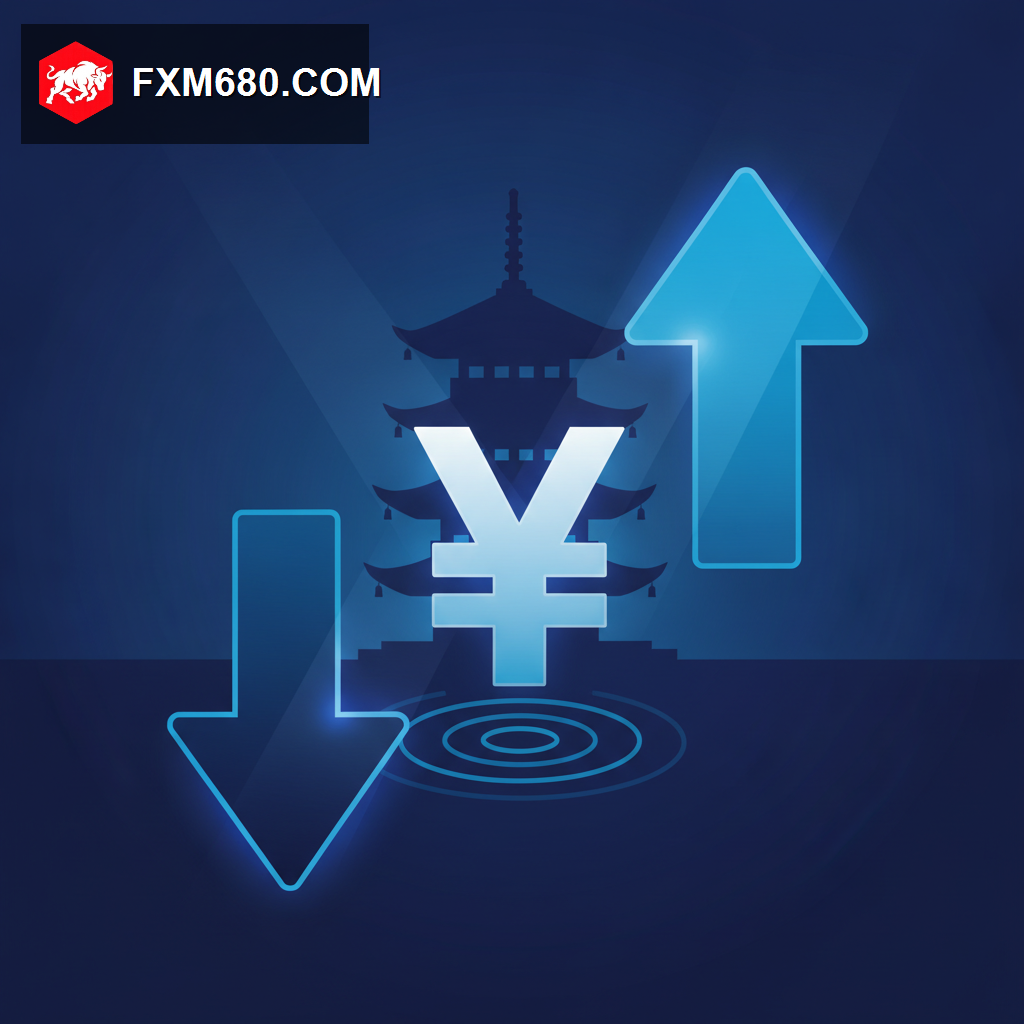 Japanese yen symbol wavering between rising and falling arrows against a backdrop of the Bank of Japan and a currency intervention warning signal