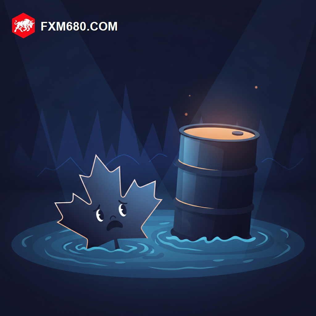 A glowing maple-leaf-shaped currency symbol sinking slightly beside a barrel of oil losing its glow, dark blue tones