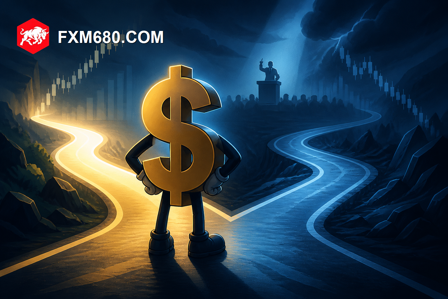 A glowing dollar-sign character standing at a crossroads with two paths of light, one path brighter than the other, a silhouette of a speaker at a podium in the background