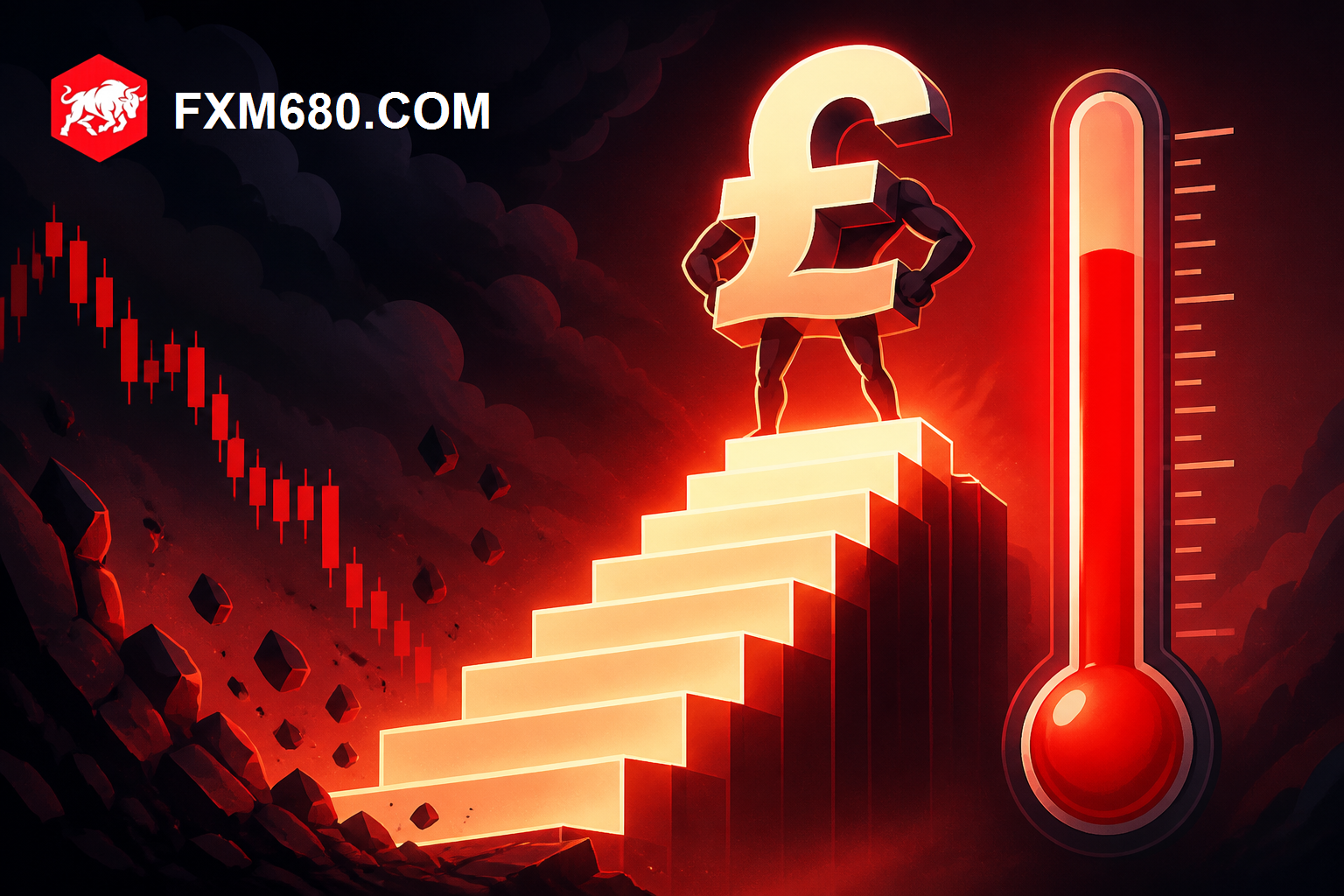 A glowing pound-sterling character standing taller on a rising staircase of light, a thermometer-style gauge behind it climbing into a red zone