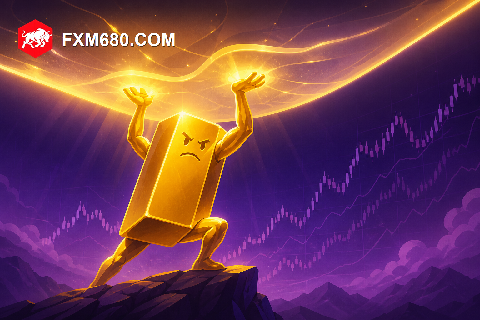 A glowing golden bar character pressing upward against a translucent ceiling of light that bends but does not break, trading charts faintly visible behind it