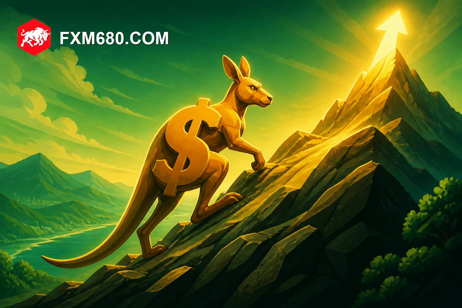 A kangaroo-shaped currency character climbing back up a rocky slope toward a glowing peak marked with a rising arrow